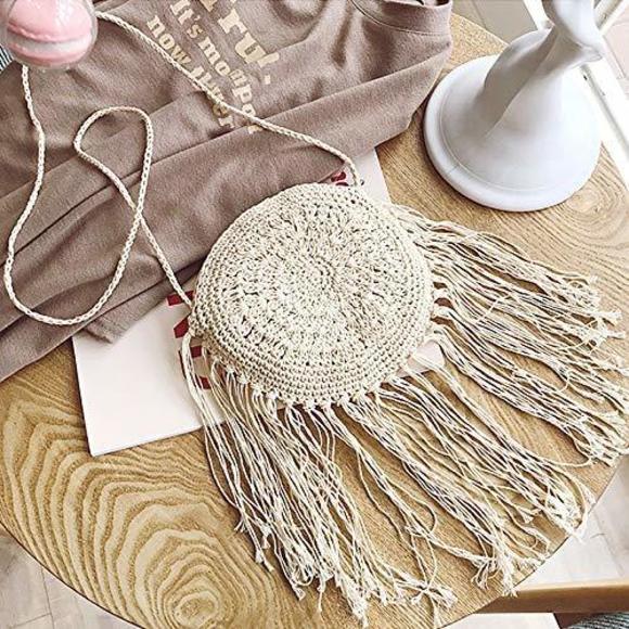 Mini Fringed Round Cotton Crochet Cross-Body Shoulder Bag Bohemian :< - Picture 4 of 9